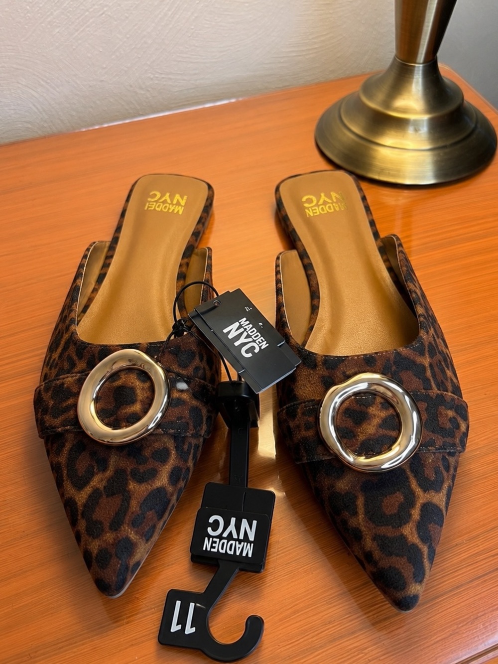 Madden NYC Leopard Print Pointed Toe Mule Flats Gold Buckle US 11 women